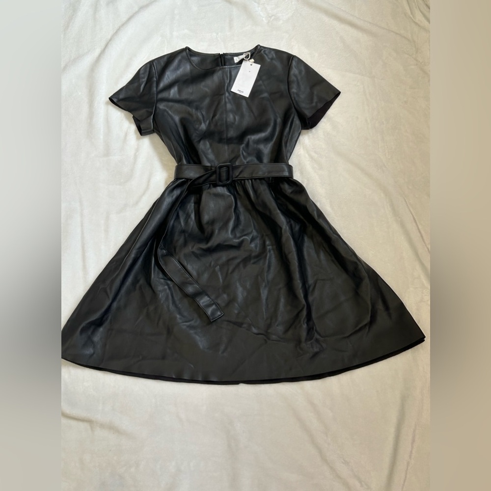 Mango MNG Girls size 13-14 Pleather Vegan Faux Leather Black Belted Dress NWT
